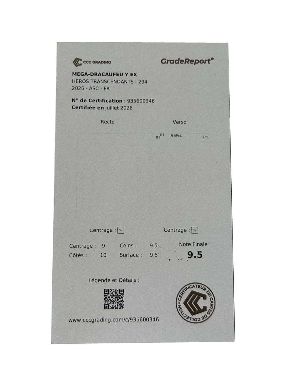 Méga-Dracaufeu Y ex 294/217 Gold — CCC 9,5 — Français — rapport