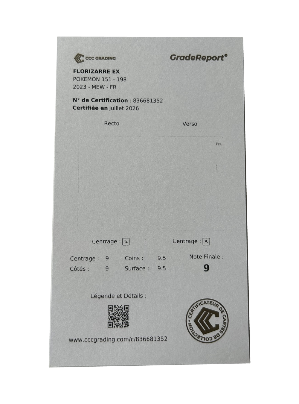 Florizarre ex 198/165 — CCC 9 — Certificat 836681352 — Français — rapport